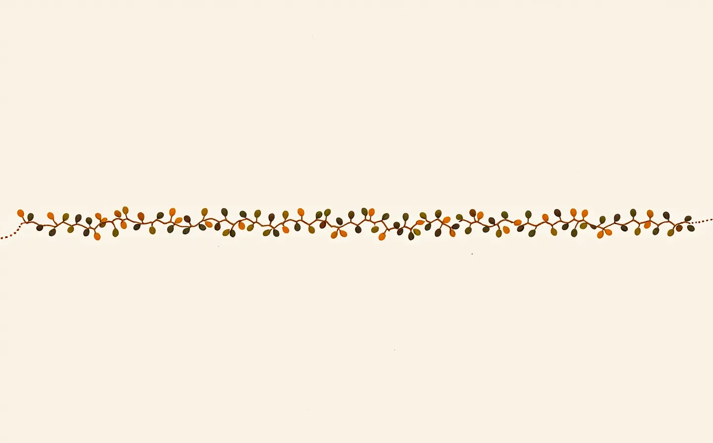 Warm illustration of a 39-node peptide chain rendered as olive seeds threaded on walnut twine on cream paper
